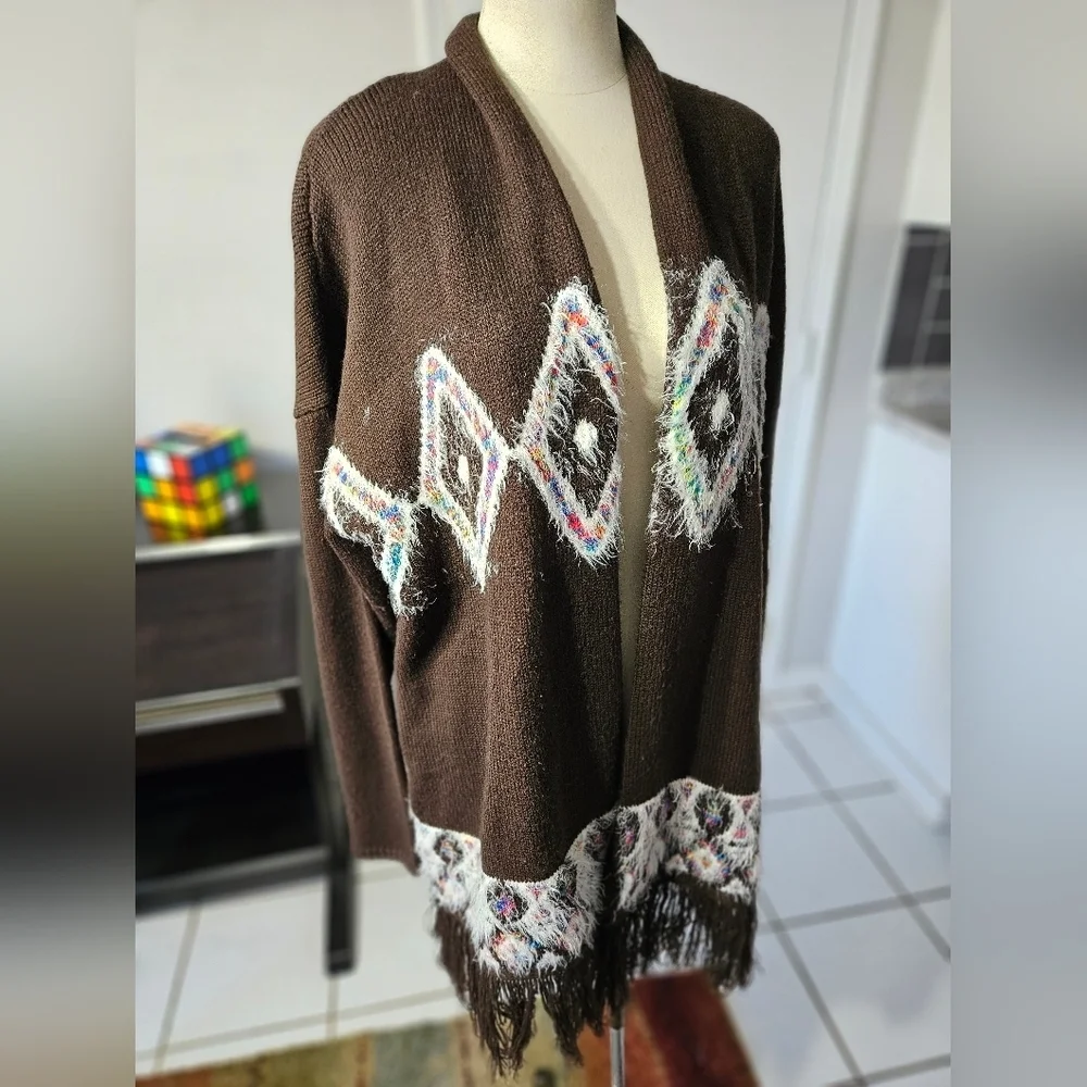 Long Brown Fringed Cardigan, Sz L, New Directions, Boho Aztec Pattern